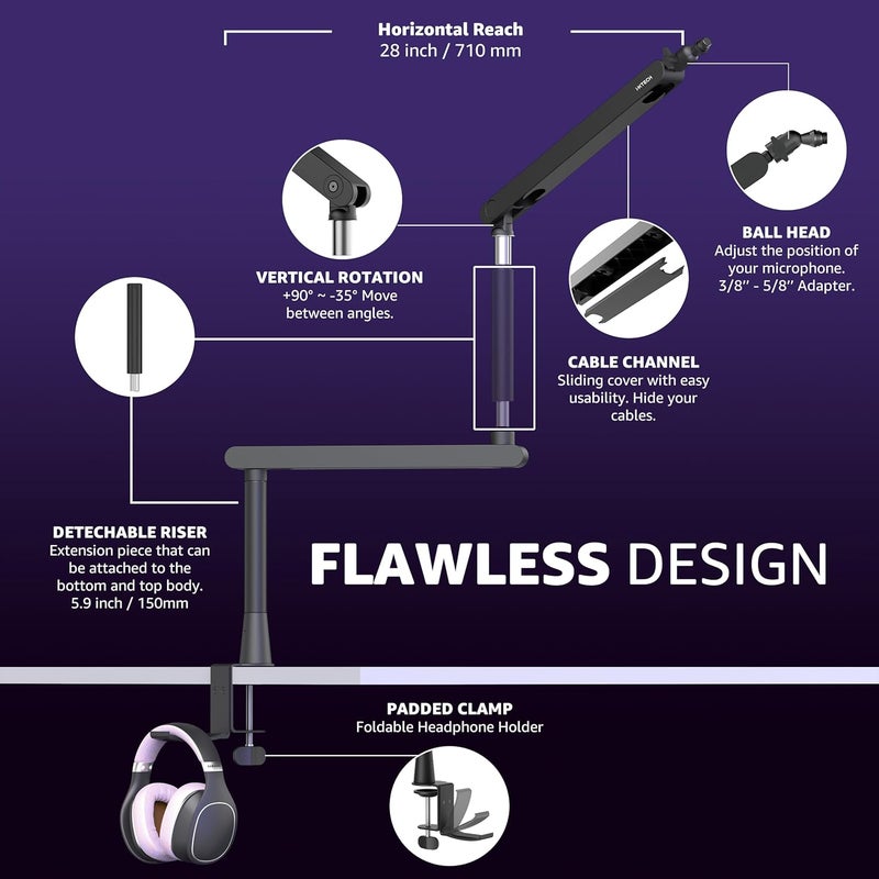 i-XTECH Mic Boom Arm Stand LP Microphone Stand Low Profile Microphone Arm Adjustable for Blue Yeti Shure Sm7b Hyperx QuadCast Rode Fifine and At2020 360° Mic Arm for Gaming Podcasting. - Image 3